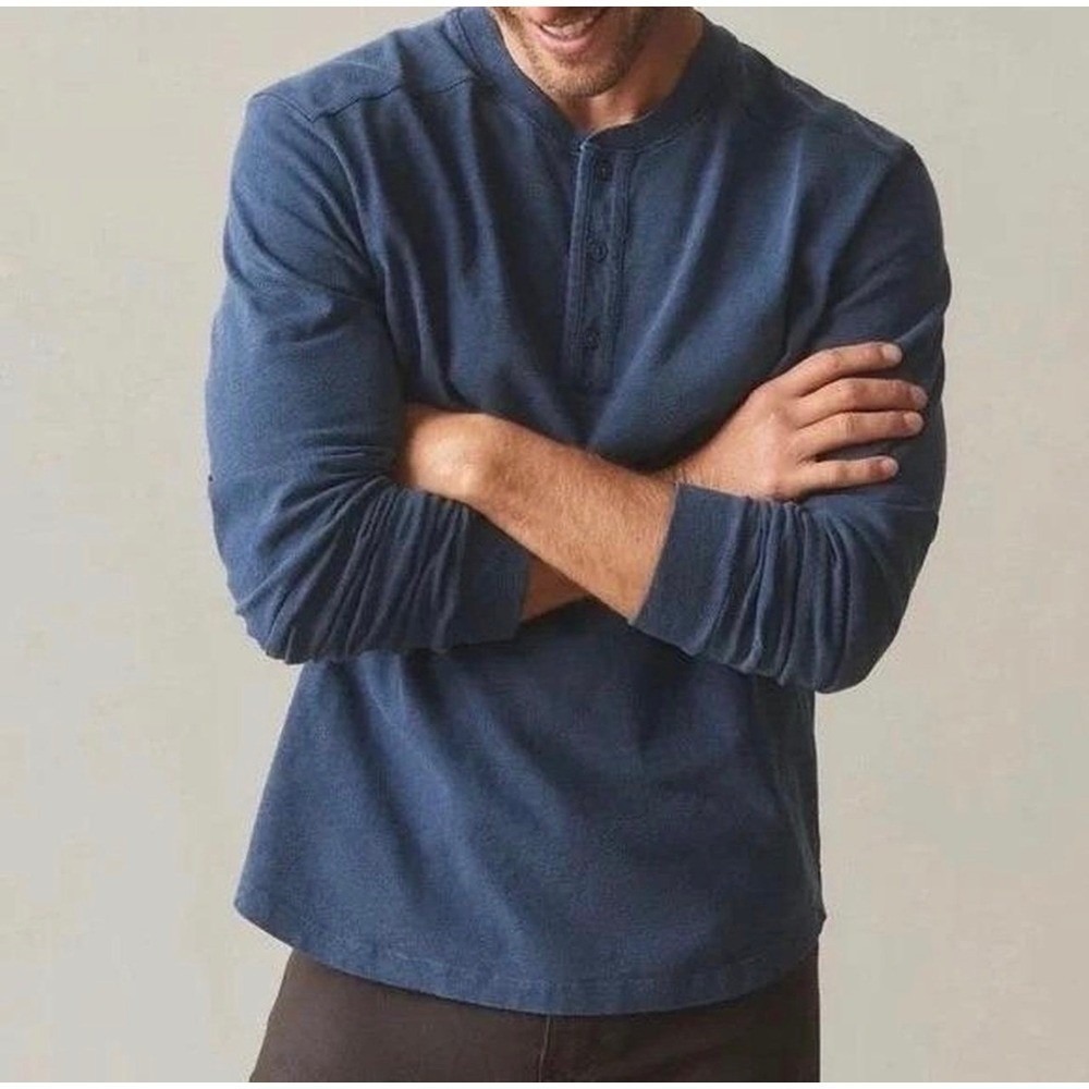American Giant Henley Shirt Mens XL Broken In Premium Slub Blue USA Long Sleeve - Picture 2 of 10